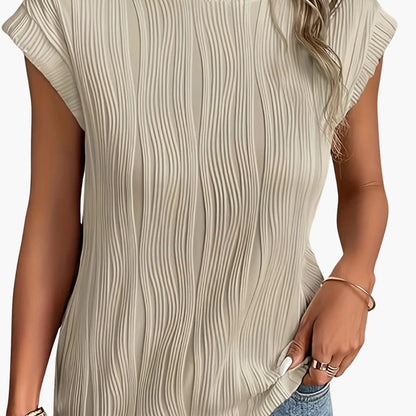 Women's Pleated Short Sleeve T-Shirt High Crew Neck