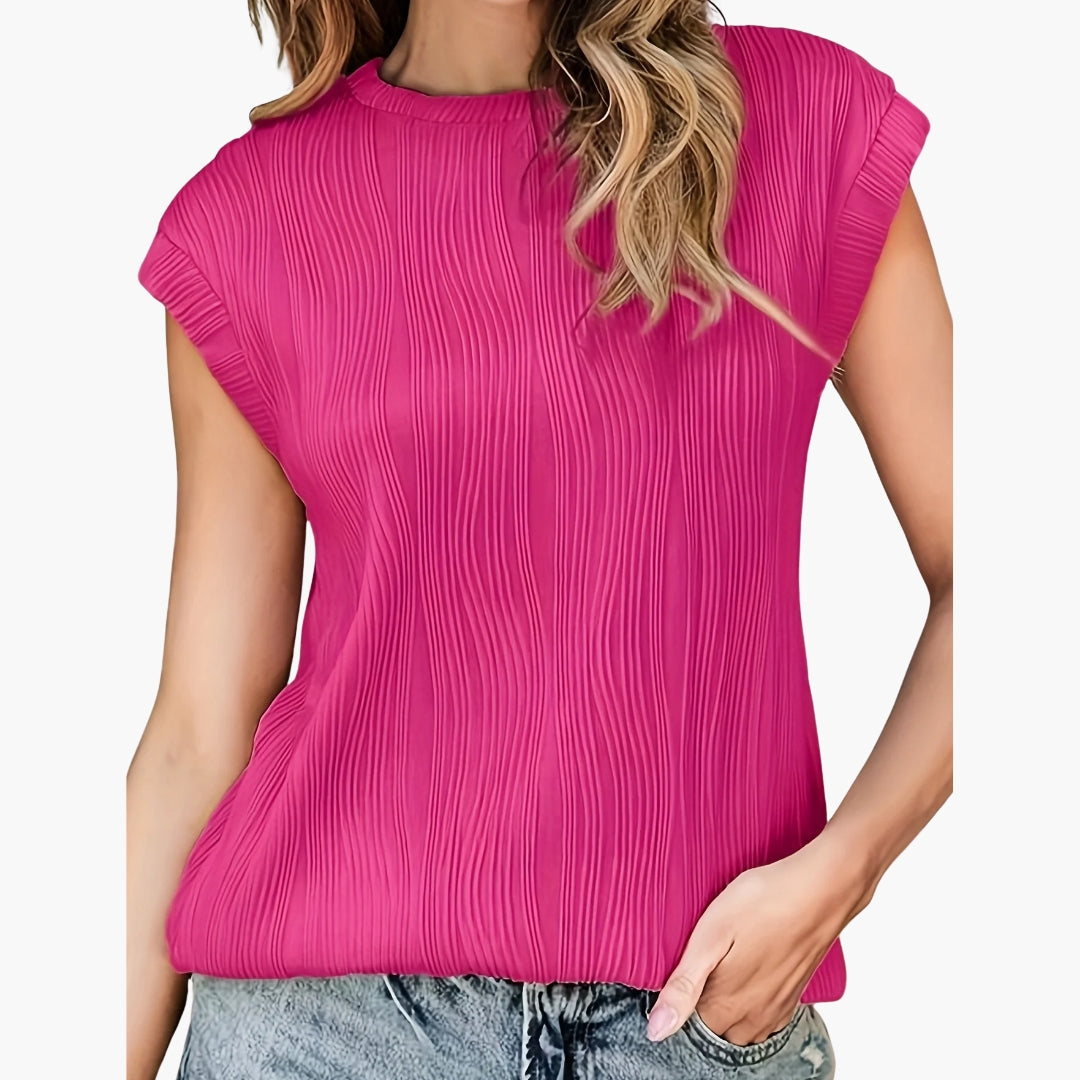 Women's Pleated Short Sleeve T-Shirt High Crew Neck
