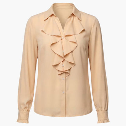 Women's Long Sleeve Ruffle Blouse Loose Fit Cotton White
