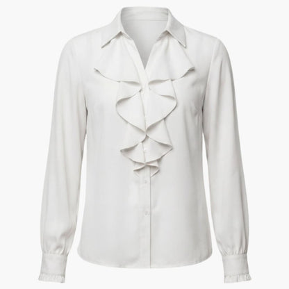 Women's Long Sleeve Ruffle Blouse Loose Fit Cotton White