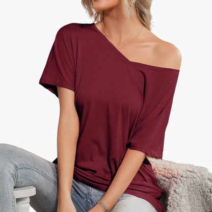 Women's Short Sleeve T-Shirt Oversized Crew Neck Asymmetrical Hem - VibreMode