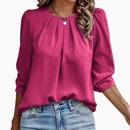 Women's Pleated Long Sleeve Blouse Crew Neck