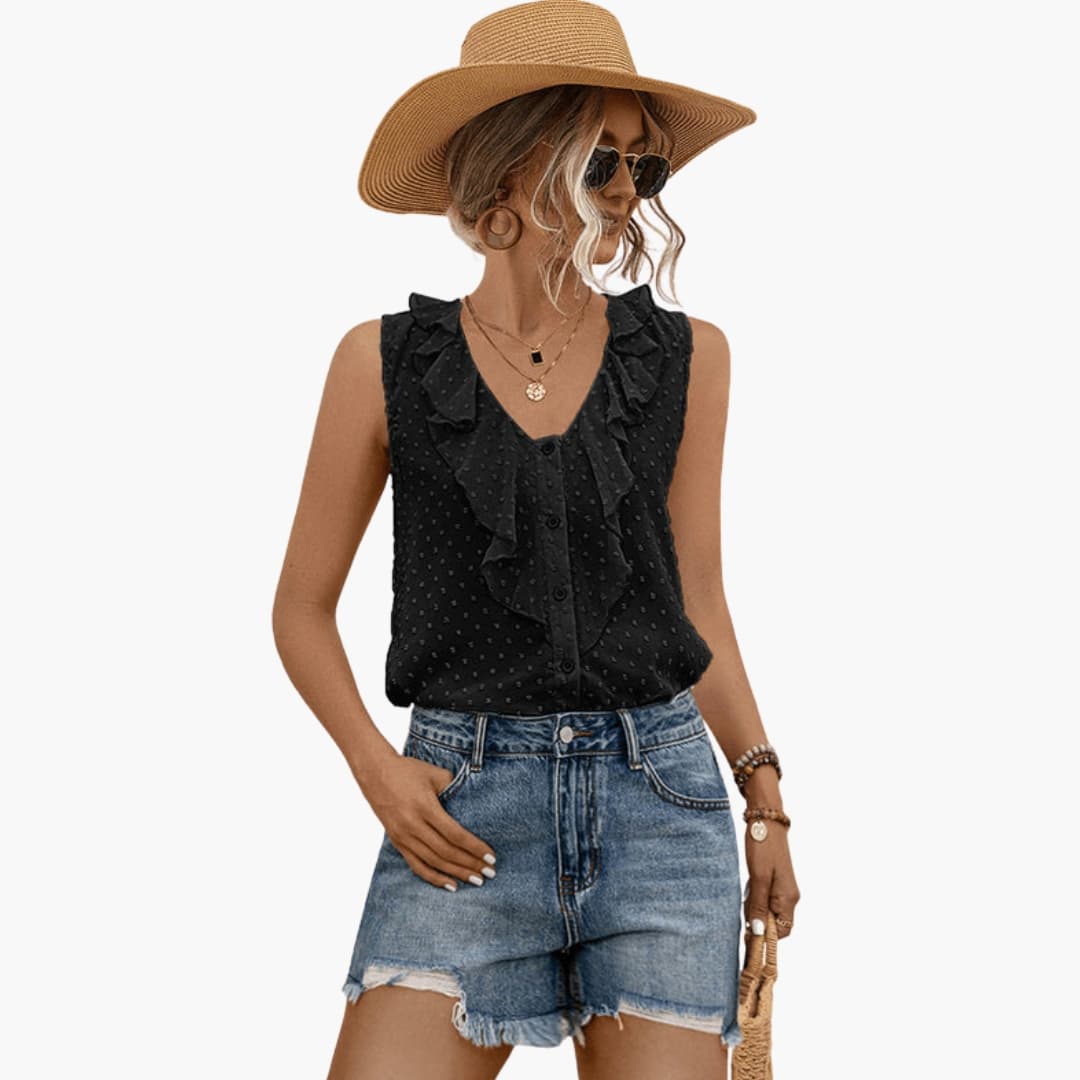 Women's V-Neck Sleeveless Blouse Ruffle Trim - VibreMode