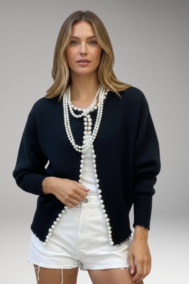 Women Cardigan Pearl Trim Raw Hem