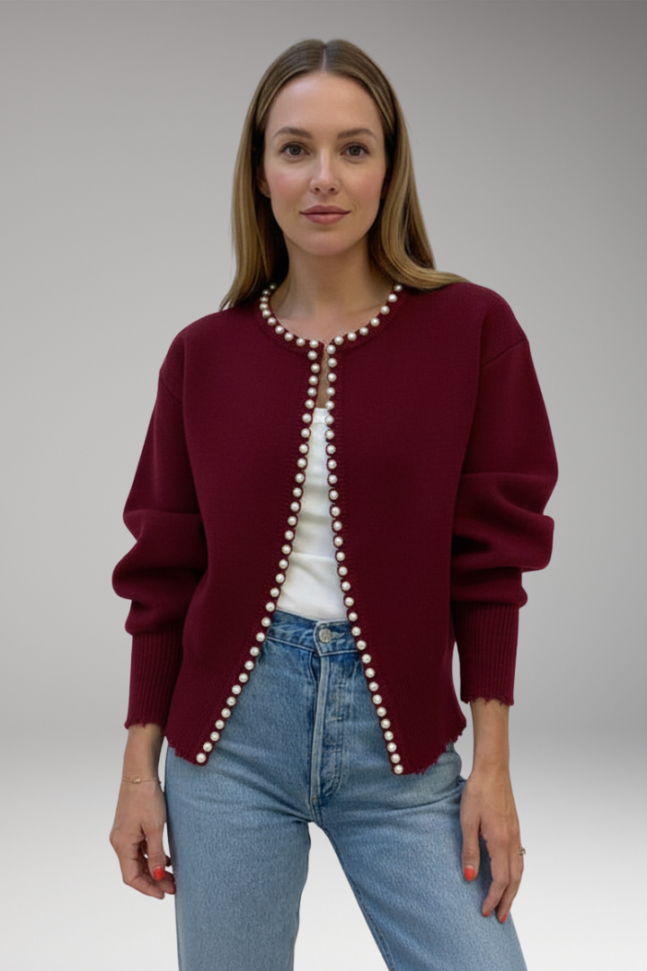 Women Cardigan Pearl Trim Raw Hem