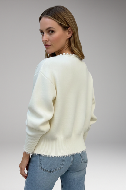 Women Cardigan Pearl Trim Raw Hem