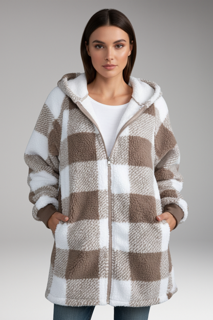 Women's Hooded Zip Coat Check Pattern
