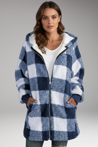 Women's Hooded Zip Coat Check Pattern