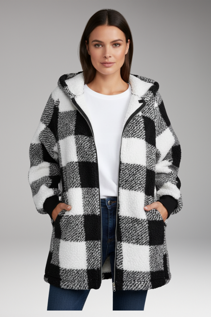 Women's Hooded Zip Coat Check Pattern