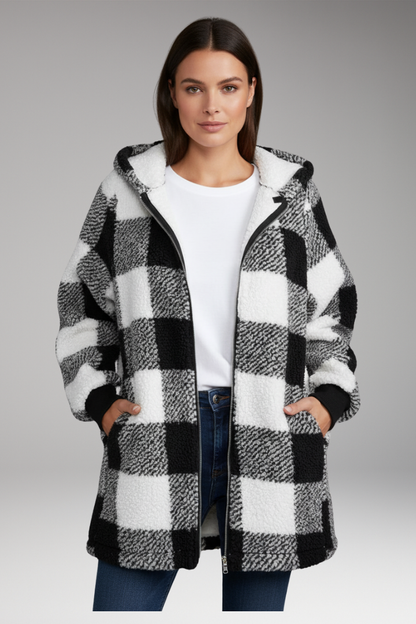 Women's Hooded Zip Coat Check Pattern