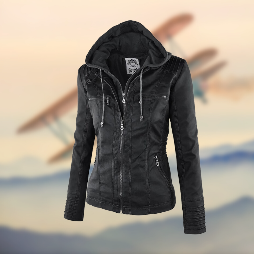 Women's Leather Jacket With Hood Casual Black