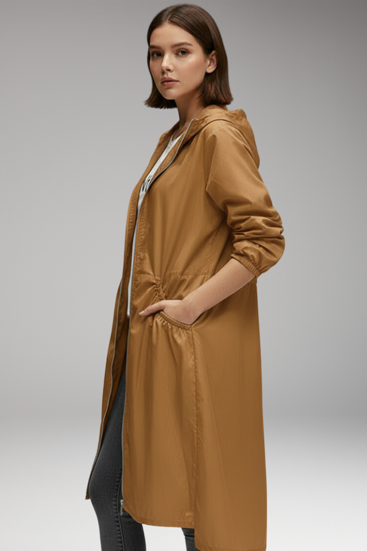 Women's Hooded Long Coat Front Zipper