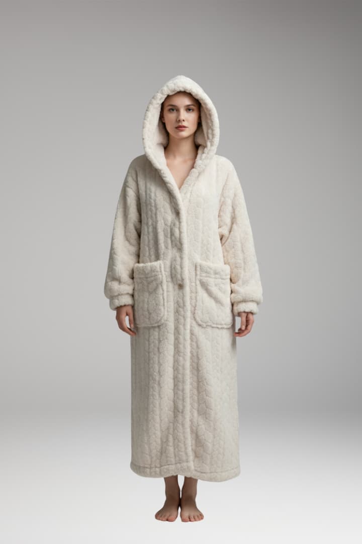 Women's Hooded Bathrobe Cotton Long Button Front Pockets