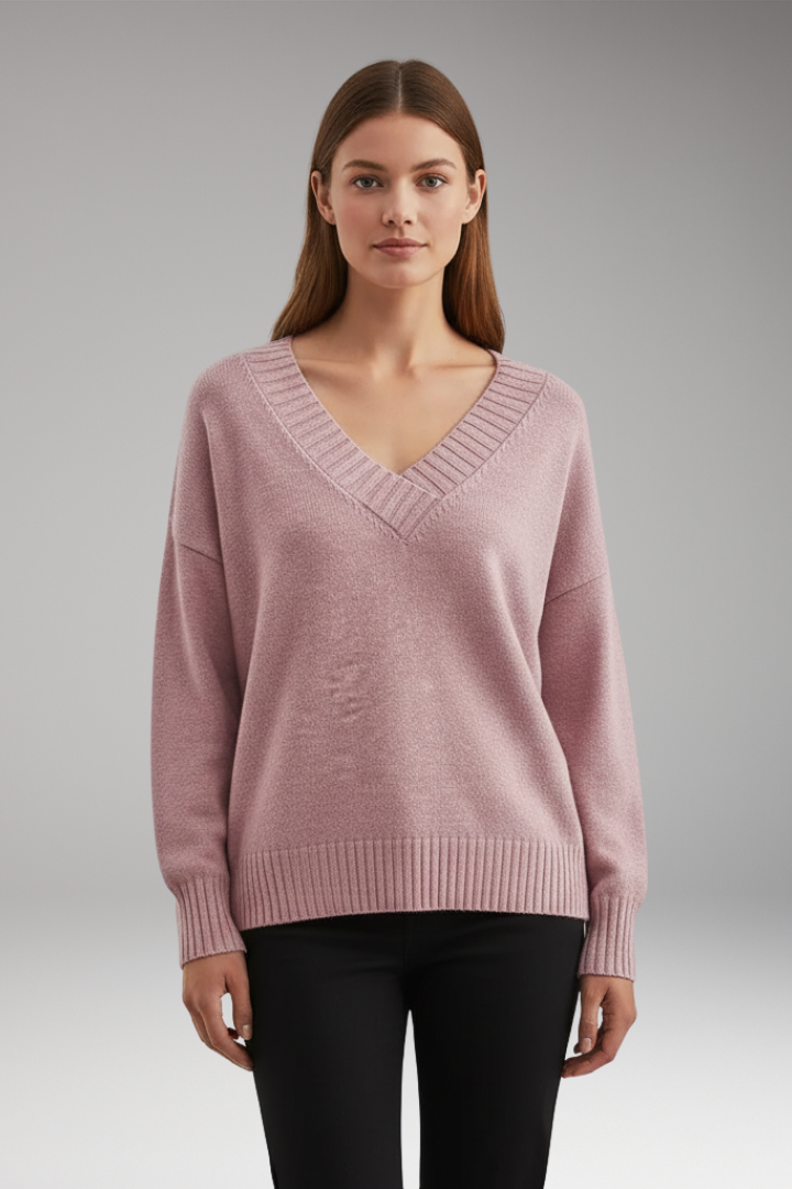 Women's V-Neck Knit Sweater Ribbed Trim