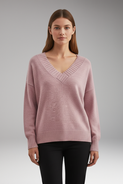 Women's V-Neck Knit Sweater Ribbed Trim