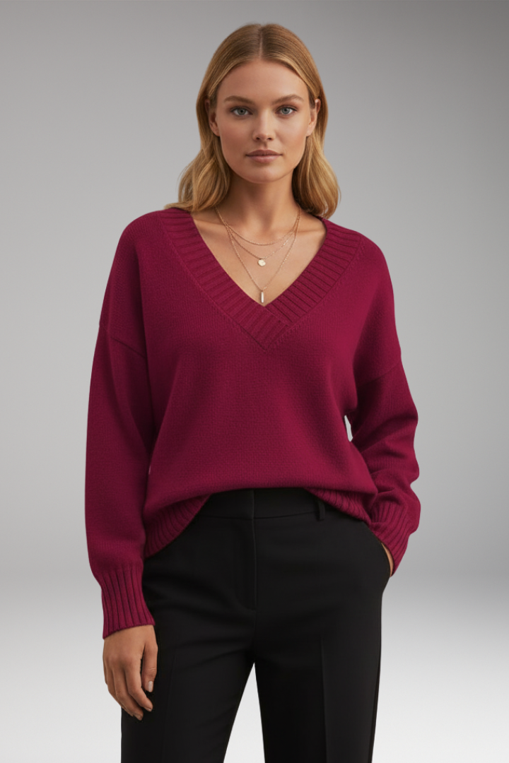 Women's V-Neck Knit Sweater Ribbed Trim