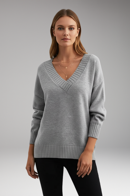 Women's V-Neck Knit Sweater Ribbed Trim