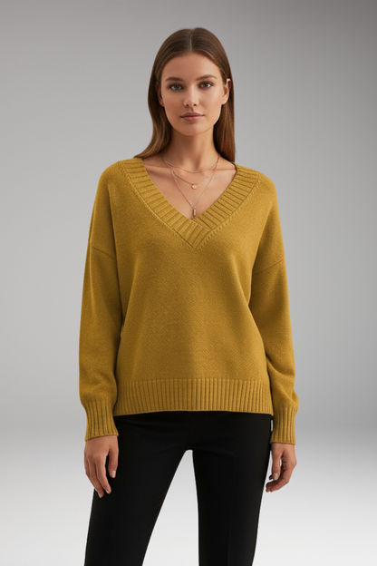 Women's V-Neck Knit Sweater Ribbed Trim