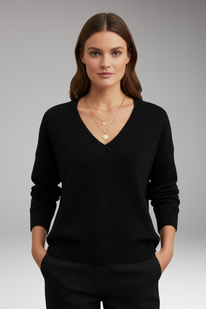 Women's V-Neck Knit Sweater Ribbed Trim