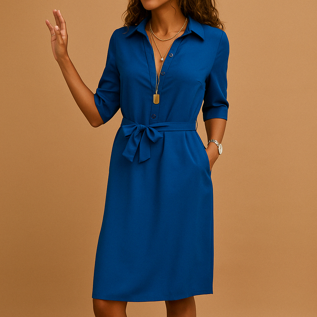 Women's Shirt Dress Belted Button Front Three Quarter Sleeves