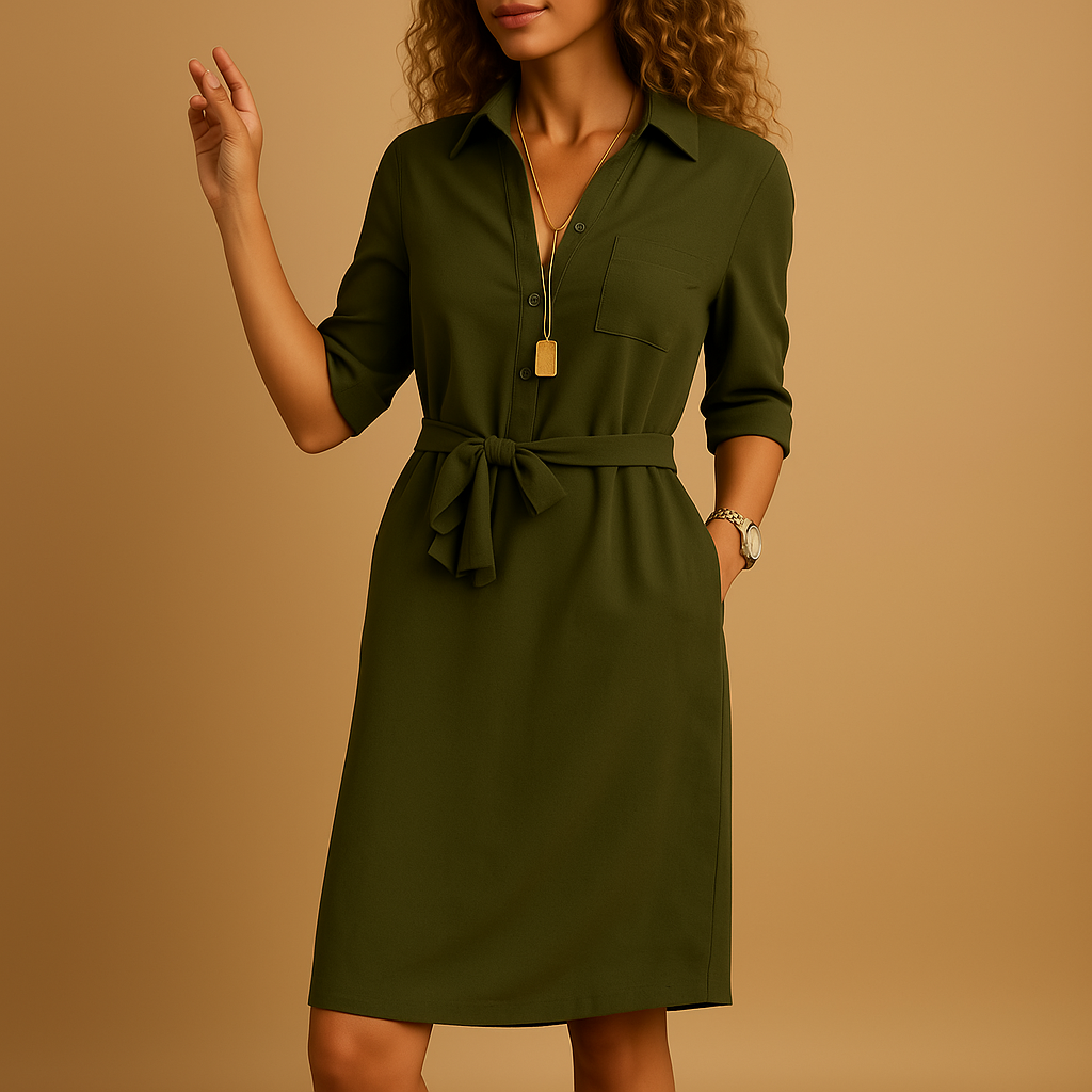 Women's Shirt Dress Belted Button Front Three Quarter Sleeves