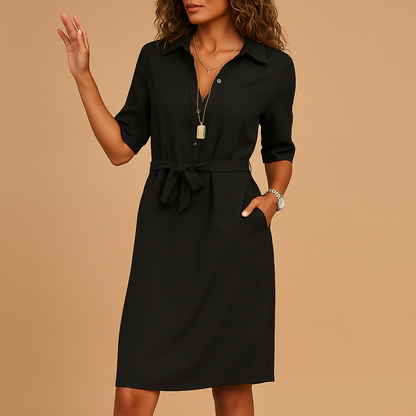 Women's Shirt Dress Belted Button Front Three Quarter Sleeves - VibreMode
