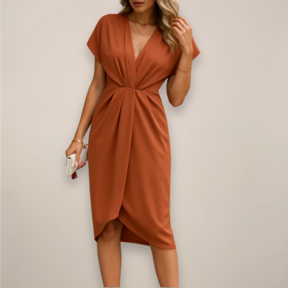 Women's V-Neck Wrap Midi Dress Cap Sleeves