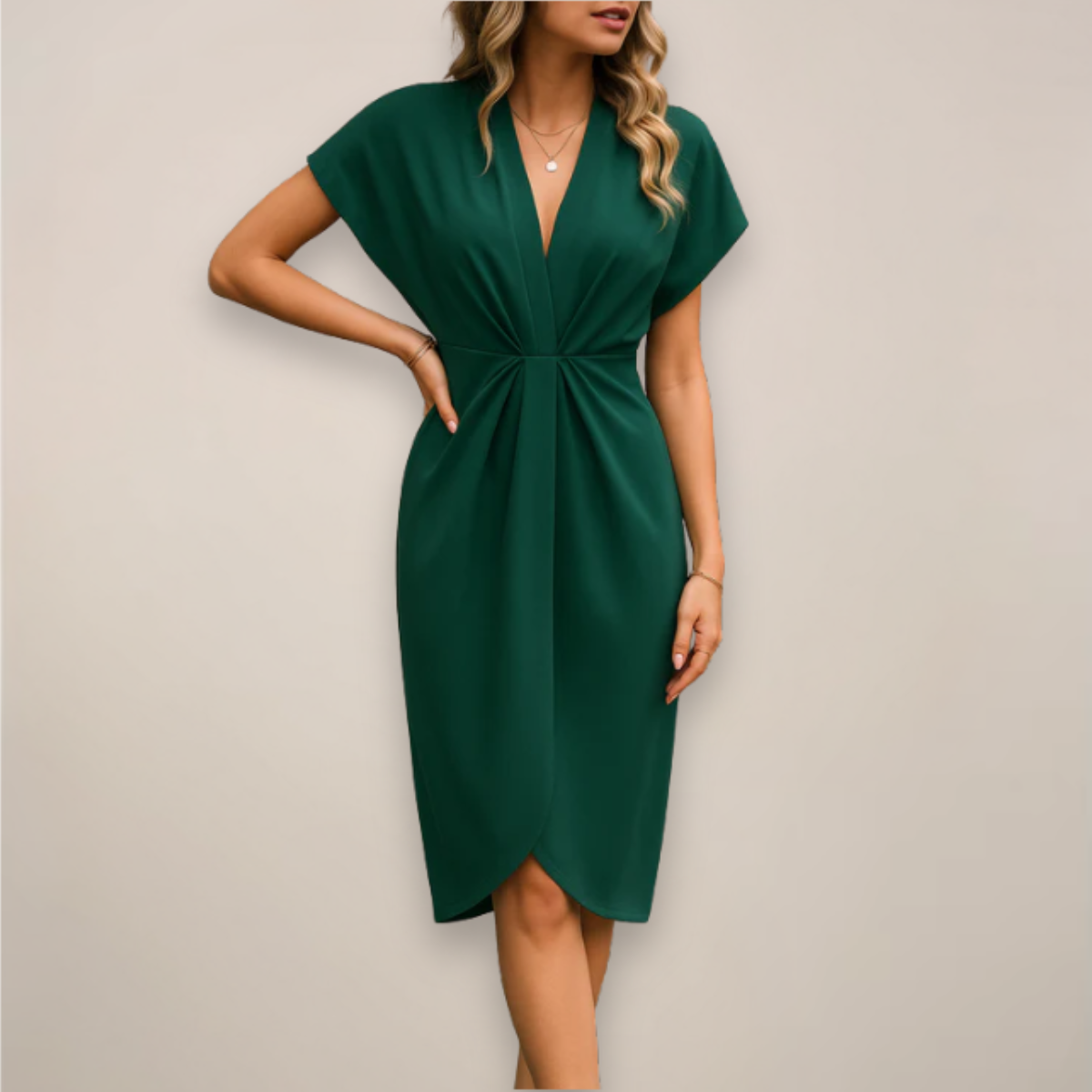 Women's V-Neck Wrap Midi Dress Cap Sleeves