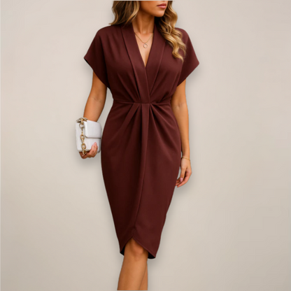 Women's V-Neck Wrap Midi Dress Cap Sleeves