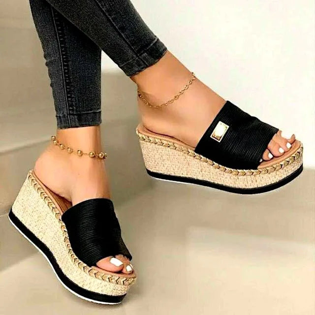 Women's Woven Jute Wedge Sandals Open-Toe Brown - VibreMode
