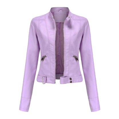 Women's Leather Jacket Zip High Collar