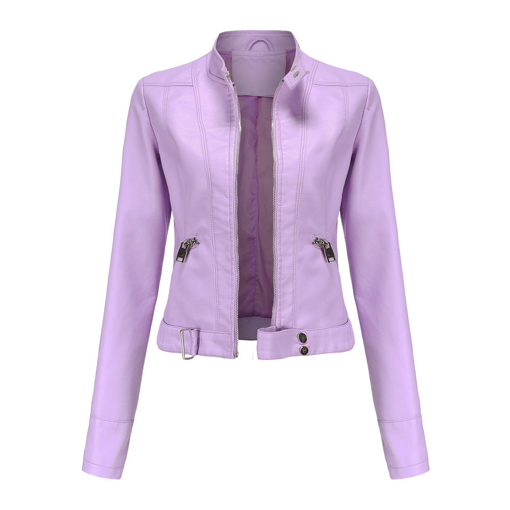 Women's Leather Jacket Zip Closure High Collar Adjustable Belt