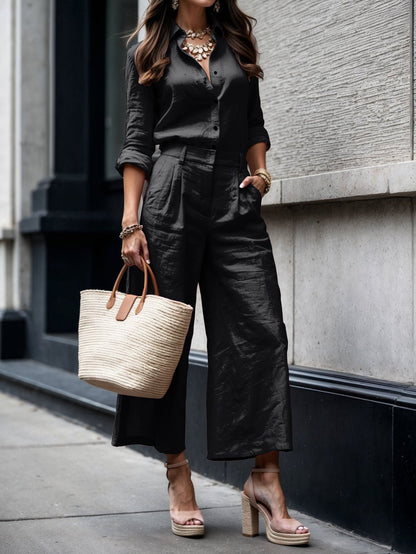 Women's Two Piece Pants Set Button Wide Leg