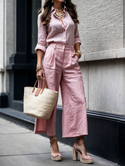 Women's Two Piece Set Button Front Shirt Wide Leg Pants - VibreMode