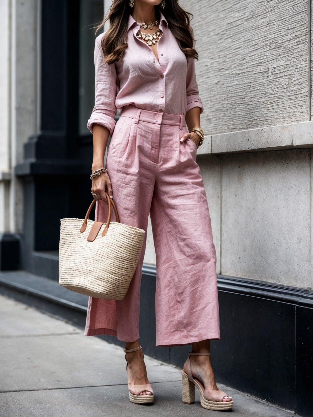 Women's Two Piece Pants Set Button Wide Leg - VibreMode