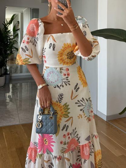 Women's Midi Floral Dress Puff Sleeve