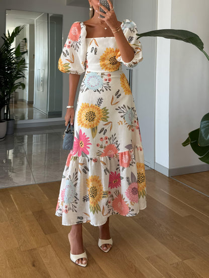 Women's Floral Midi Dress Puff Sleeve Square Neck - VibreMode