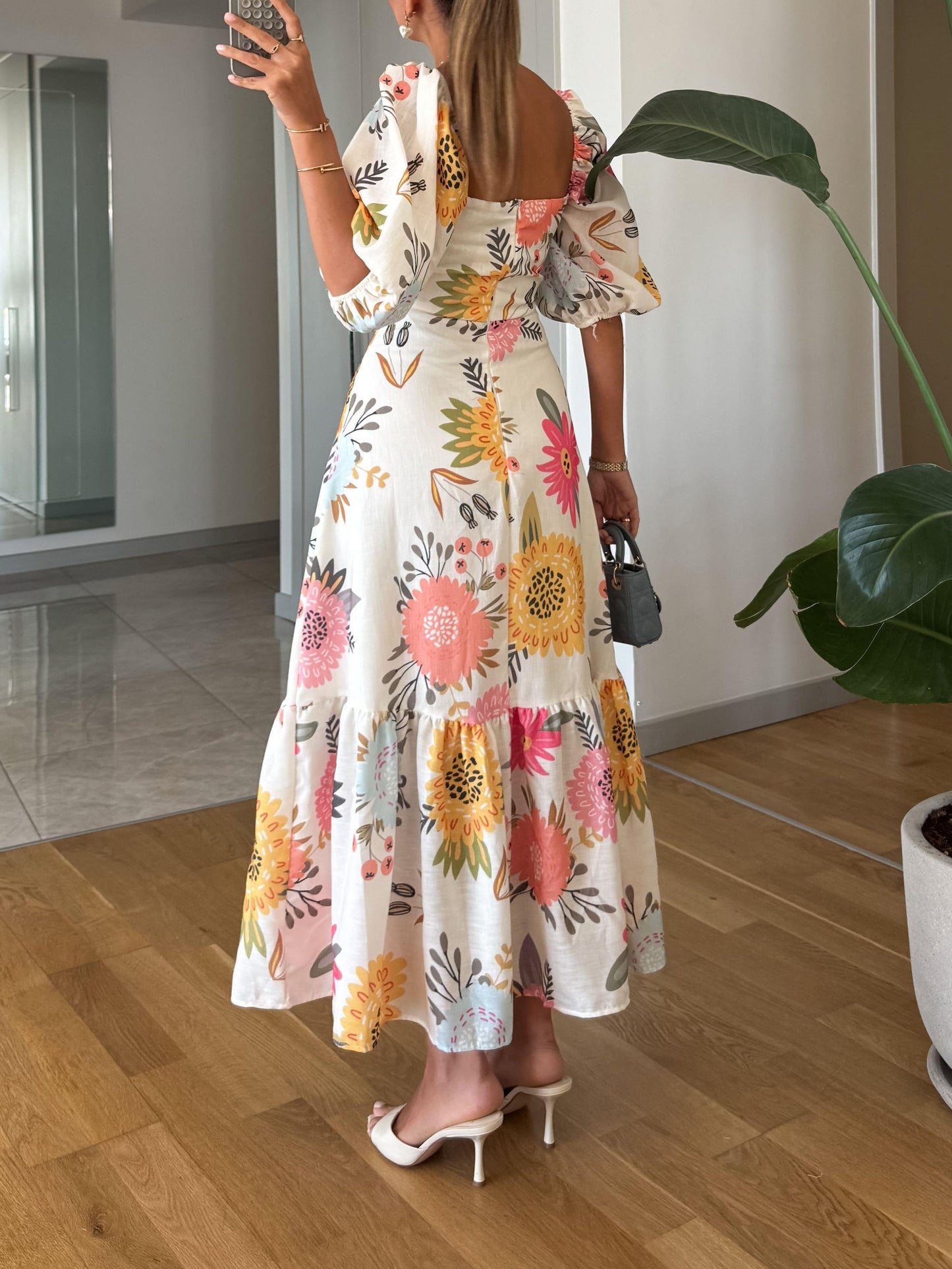 Women's Floral Midi Dress Puff Sleeve Square Neck