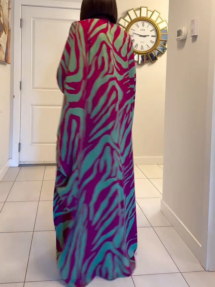 Women's Zebra Print Maxi Dress V-Neck Batwing Sleeves