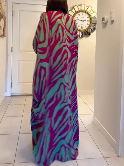 Women's Zebra Print Maxi Dress V-Neck Batwing Sleeves