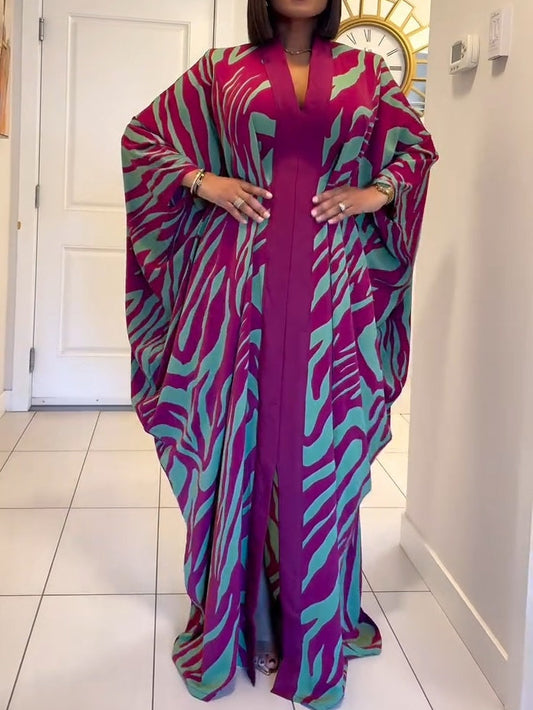 Women's Zebra Print Maxi Dress V-Neck Batwing Sleeves - VibreMode
