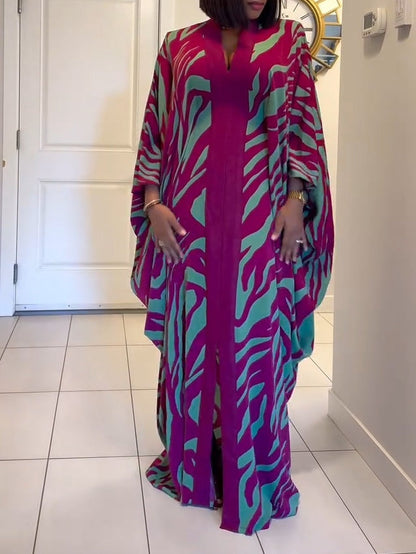 Women's Zebra Print Maxi Dress V-Neck Batwing Sleeves