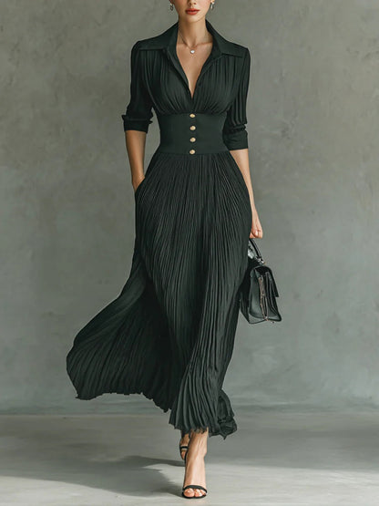 Women's Lapel Neck Maxi Dress - VibreMode