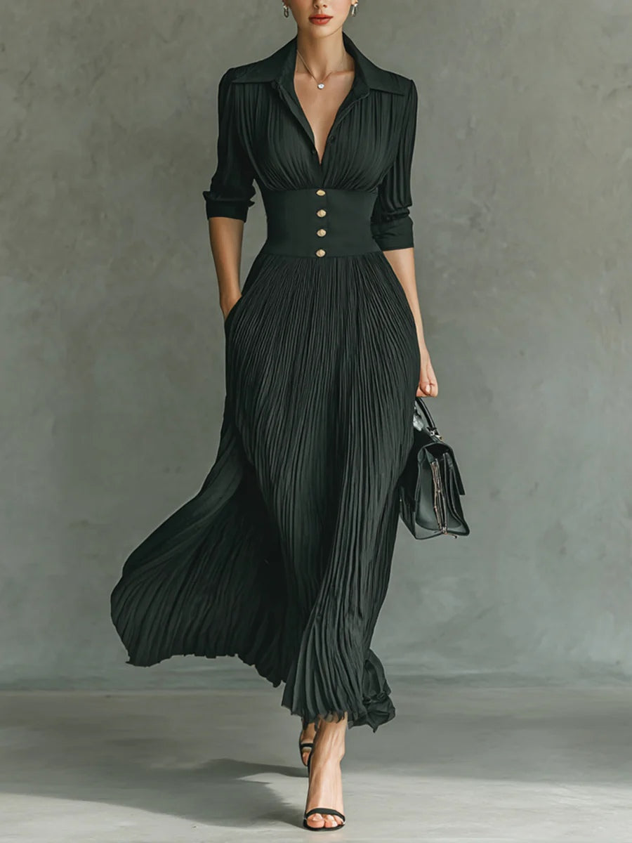 Women's Fitted Maxi Dress Pleated Skirt Ruched Bodice - VibreMode