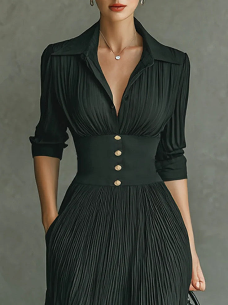 Women's Pleated Maxi Dress Elegant Waistline