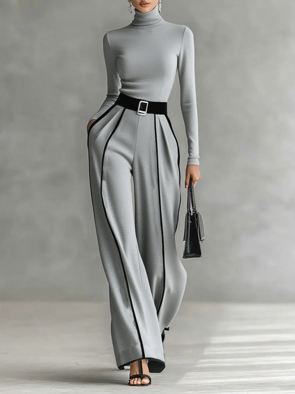 Women's High Neck Wide Leg Pants Set