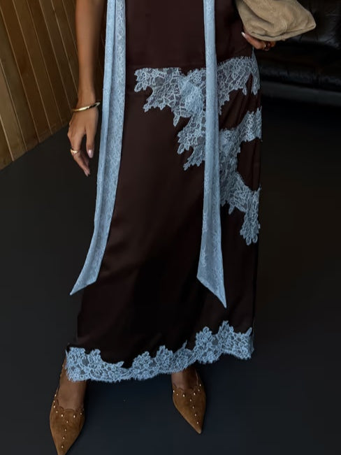Beautiful Blue and Brown Floral Lace Dress Set