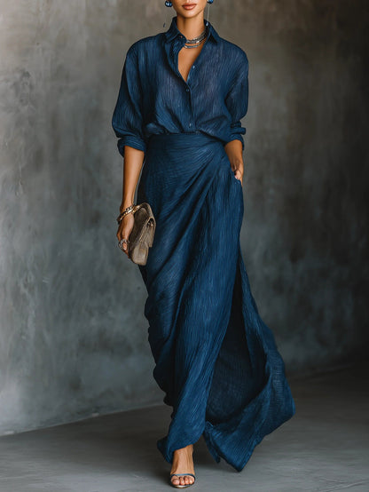 Women's Dark Blue Shirt And Skirt Set - VibreMode