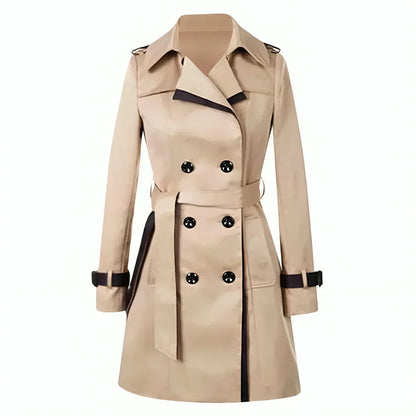 Women's Double Breasted Trench Coat Belted Contrast Trim - VibreMode
