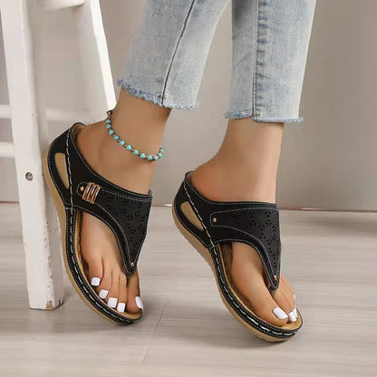 Laser Cut Arch Support Thong Wedge Sandals